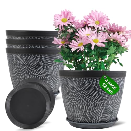 Quarut Large 12 Inch Plant Pot for Plants Outdoor Indoor, 4 Pack Plastic Flower Pots with Drainage Hole & Saucer, Modern Decorative Garden Pot with Saucer, Plant Container for House（Gray） - Image 1