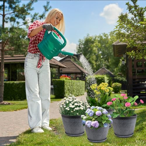 Quarut Large 12 Inch Plant Pot for Plants Outdoor Indoor, 4 Pack Plastic Flower Pots with Drainage Hole & Saucer, Modern Decorative Garden Pot with Saucer, Plant Container for House（Gray） - Image 4