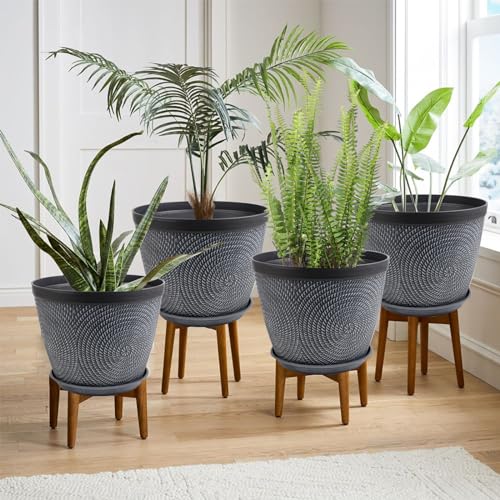 Quarut Large 12 Inch Plant Pot for Plants Outdoor Indoor, 4 Pack Plastic Flower Pots with Drainage Hole & Saucer, Modern Decorative Garden Pot with Saucer, Plant Container for House（Gray） - Image 2