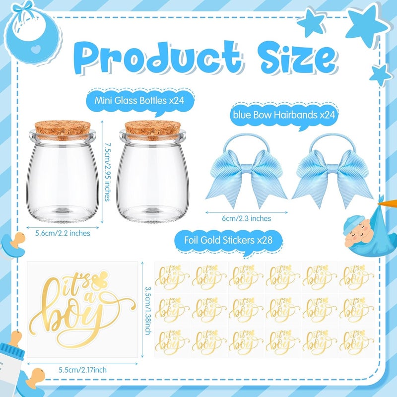 Funnymoom 24 Sets Baby Shower Bottles Favors for Guests Glass 100 ml Milk Jar with Ribbons and Stickers Decorations for Gender Reveal Newborn Centerpiece Party Favor (Blue,It's A Boy) - Image 3