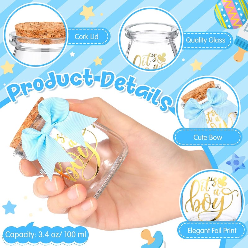 Funnymoom 24 Sets Baby Shower Bottles Favors for Guests Glass 100 ml Milk Jar with Ribbons and Stickers Decorations for Gender Reveal Newborn Centerpiece Party Favor (Blue,It's A Boy) - Image 4