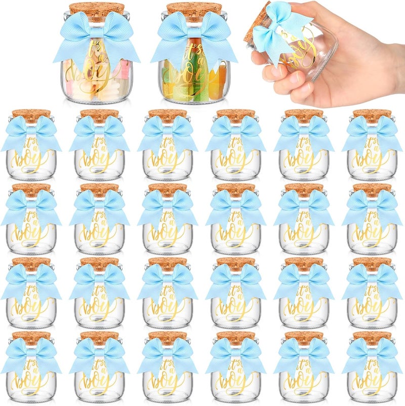Funnymoom 24 Sets Baby Shower Bottles Favors for Guests Glass 100 ml Milk Jar with Ribbons and Stickers Decorations for Gender Reveal Newborn Centerpiece Party Favor (Blue,It's A Boy) - Image 1