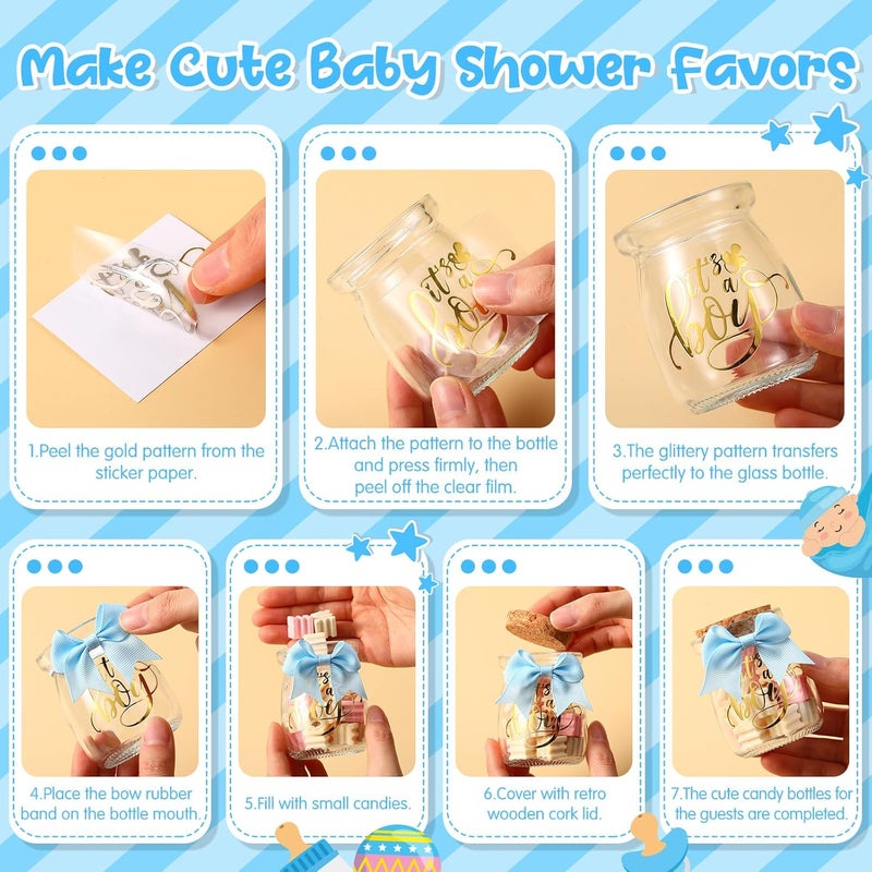 Funnymoom 24 Sets Baby Shower Bottles Favors for Guests Glass 100 ml Milk Jar with Ribbons and Stickers Decorations for Gender Reveal Newborn Centerpiece Party Favor (Blue,It's A Boy) - Image 5