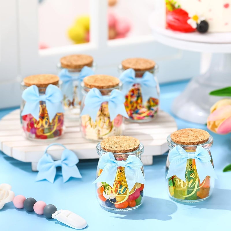 Funnymoom 24 Sets Baby Shower Bottles Favors for Guests Glass 100 ml Milk Jar with Ribbons and Stickers Decorations for Gender Reveal Newborn Centerpiece Party Favor (Blue,It's A Boy) - Image 2