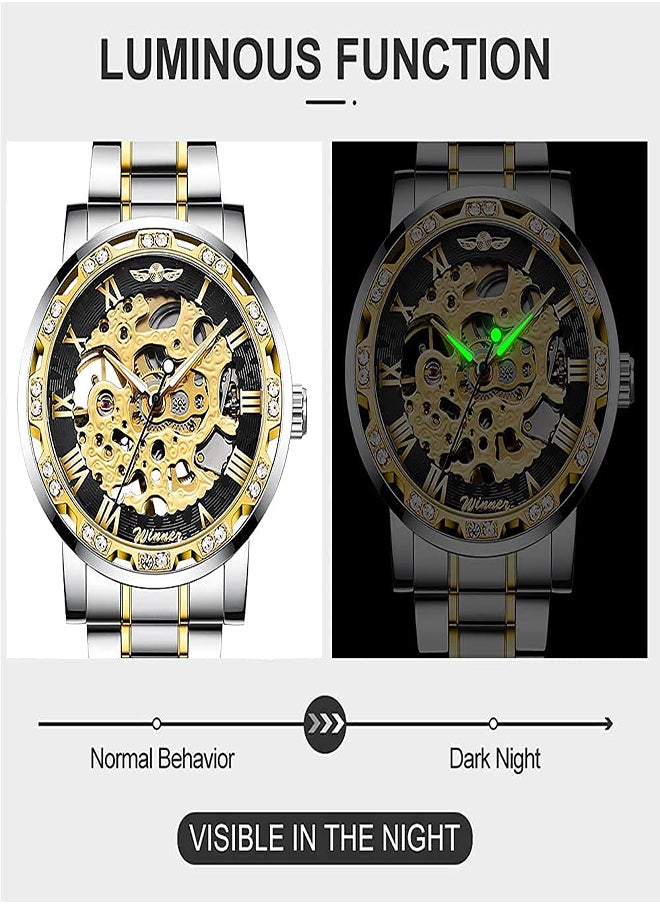 Excefore - Automatic Mechanical Watches for Men Luxury Mechanical Stainless Steel Waterproof Black Automatic Self-Winding Roman Numerals Diamond Dial Wrist Watch Classic Business Fashion Watch - Image 1
