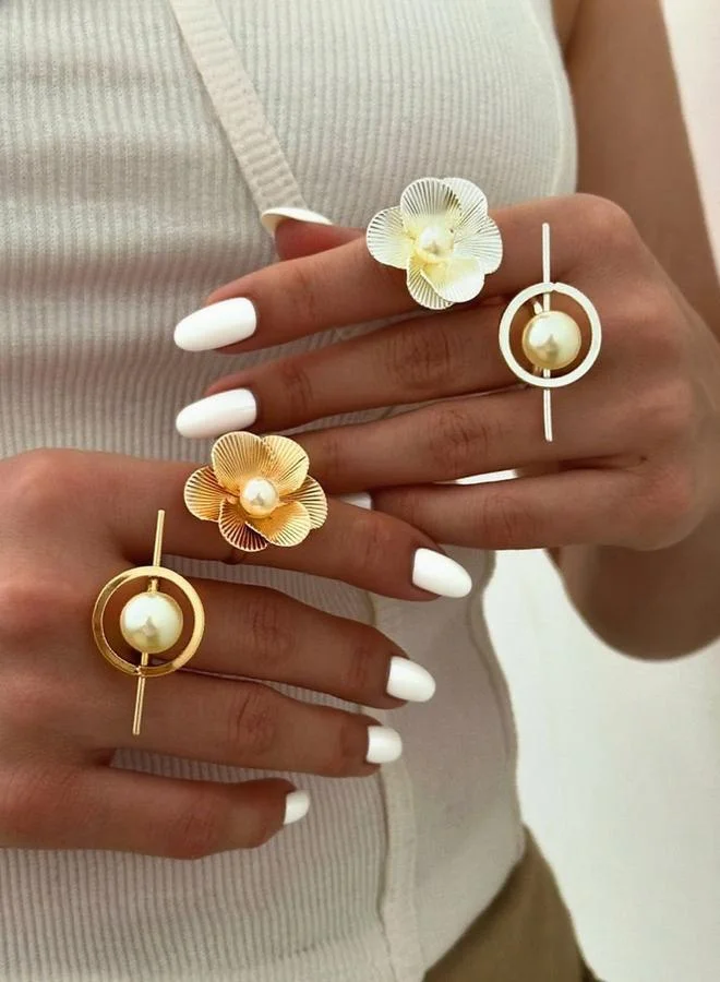 تايك تو خاتم مزين بلؤلؤ صناعي وزهرة