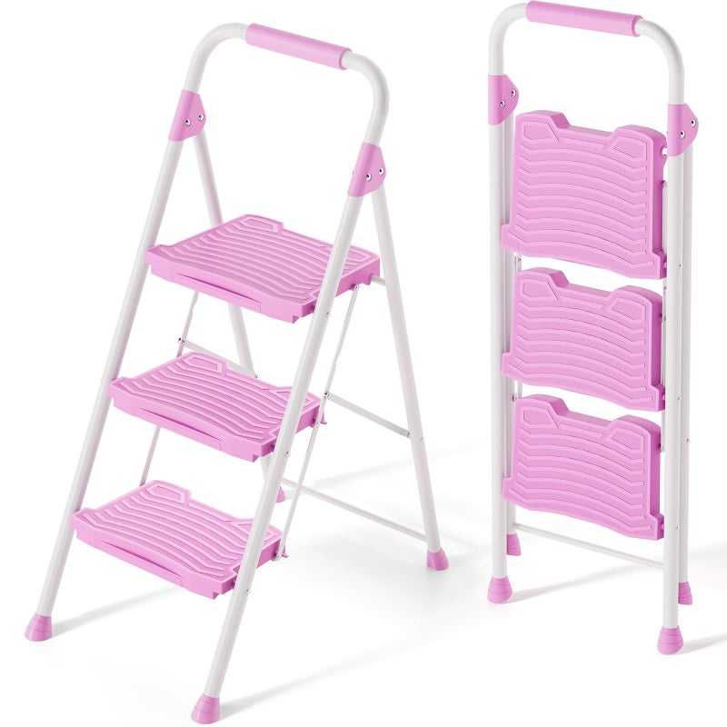 KINGRACK 3 Step Ladder Sturdy Step Stool with Handrail AntiSlip Wide Pedals 900lbs Foldable Step Stool for Home Garage Garden Household Large Loading Capacity Pink