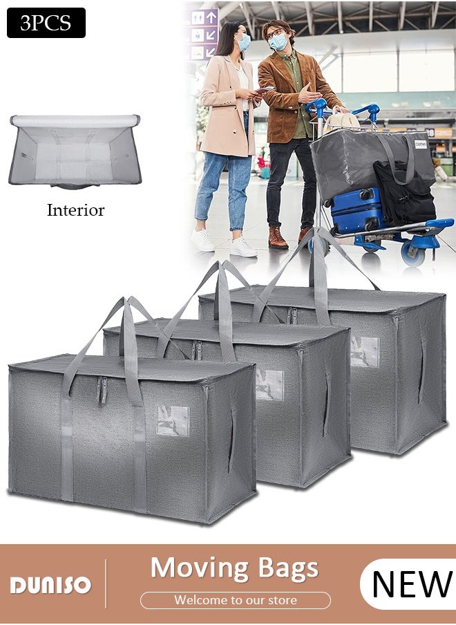 DUNISO 3 Pack Large Moving Bags, Waterproof Clothes Storage Bags with Tag Port Large Storage Bag with Zippers and Reinforced Carrying Handles,Foldable Packing Bags for Clothes Storage Moving Travelling Camping Garden Tools Moving Totes  - Image 1