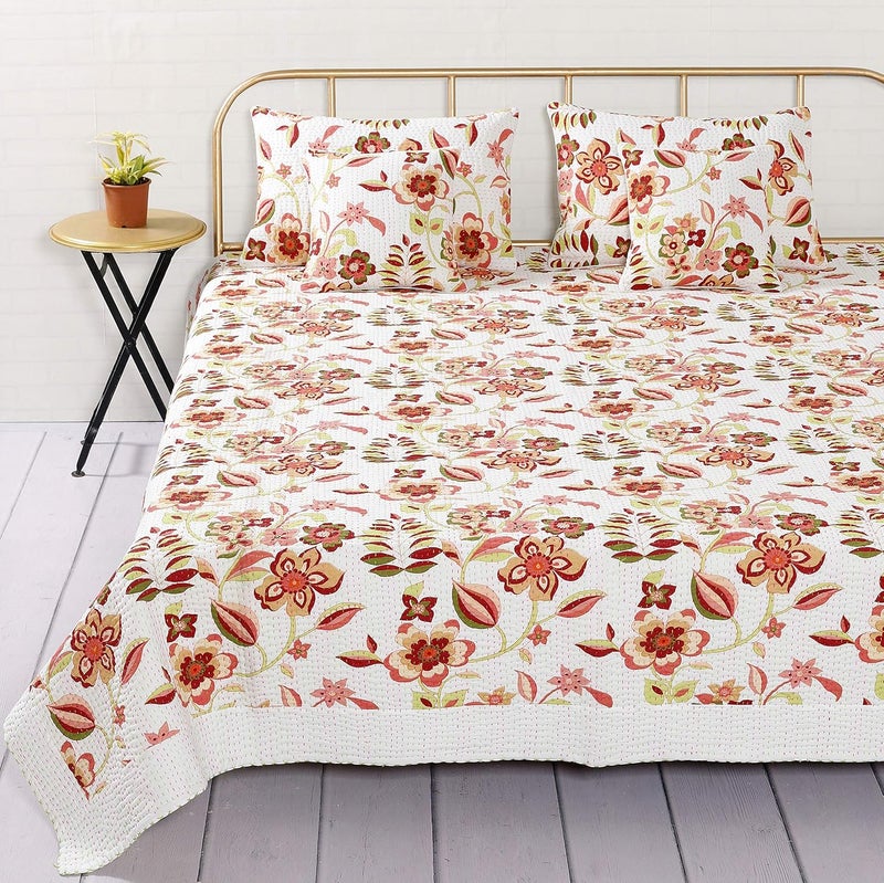 Handicraft-Palace HandicraftPalace Floral Printed Bedding Bedspread Gudri Kantha Quilted Double Quilt with 2 Piece Pillow Cover 2 Piece Cushion Cover108 X 90 White  - Image 1