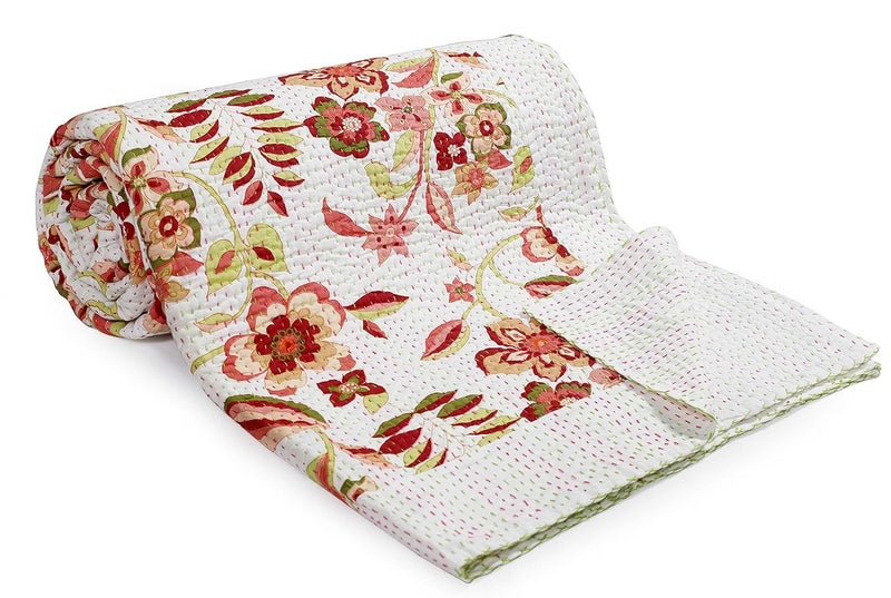 Handicraft-Palace HandicraftPalace Floral Printed Bedding Bedspread Gudri Kantha Quilted Double Quilt with 2 Piece Pillow Cover 2 Piece Cushion Cover108 X 90 White  - Image 4