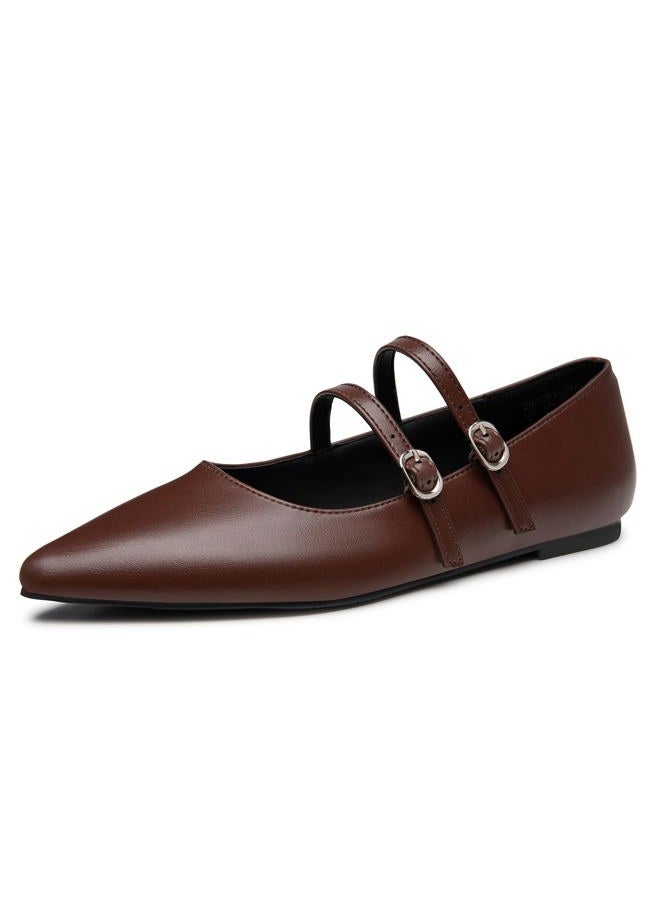 Trary Mary Jane Shoes Women Ballet Flats Shoes for Women Dressy Comfortable Mary Jane Flats Slip on Women's Flats Pointed Toe Flats for Women Adjustable Strap Leather Mary Jane Shoes, Dark Brown, 8 - Image 1
