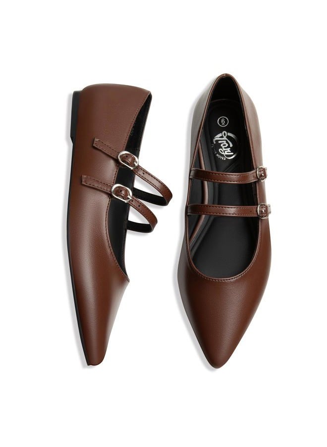 Trary Mary Jane Shoes Women Ballet Flats Shoes for Women Dressy Comfortable Mary Jane Flats Slip on Women's Flats Pointed Toe Flats for Women Adjustable Strap Leather Mary Jane Shoes, Dark Brown, 8 - Image 4