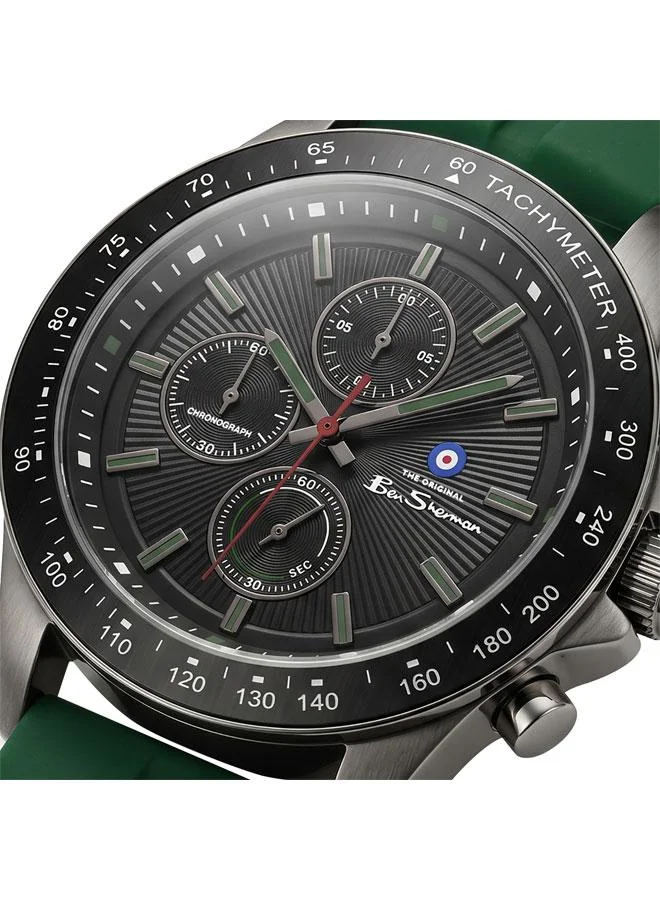بين شيرمان Winchester Black Dial Green Silicone Strap Chronograph Watch for Men, 43.2mm