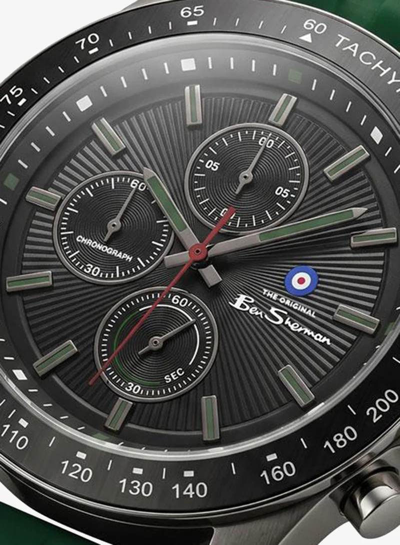 Ben Sherman Winchester Black Dial Green Silicone Strap Chronograph Watch for Men, 43.2mm