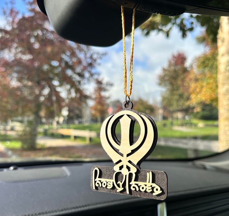 TEYRAH Nirbhau Nirvair Khanda for Car Dashboard Hanging Made of Wood 8 MM Thick - Image 3
