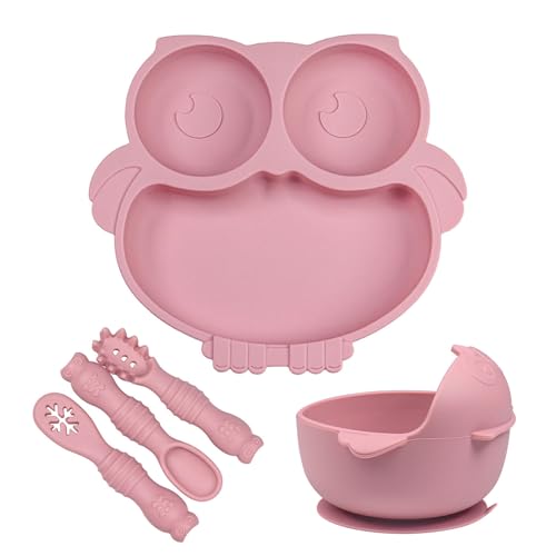 IDVVSSX Owl Shape Silicone Baby Feeding Set Toddler Suction Plates and Bowls Set with Spoons Kids Silicone Dinnerware Set Eating Utensils Pink - Image 1