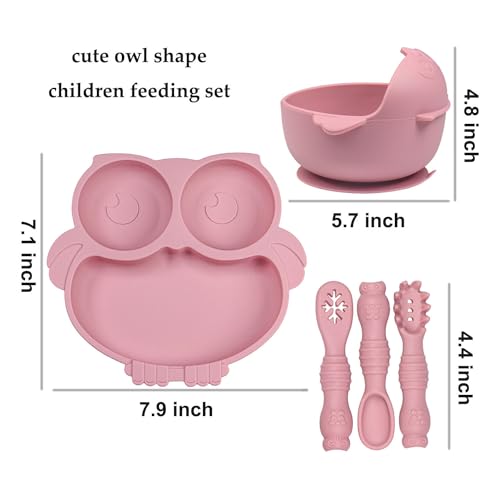 IDVVSSX Owl Shape Silicone Baby Feeding Set Toddler Suction Plates and Bowls Set with Spoons Kids Silicone Dinnerware Set Eating Utensils Pink - Image 3