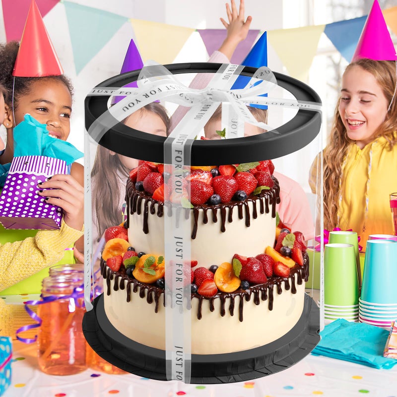 JCD 6Pcs 8.5 * 9.5inch Round clear cake boxes with Ribbon,Ideal for 7inch and 6inch Tall Layer Tiered Cakes,Multi-Layer cake boxes for Christmas Bakery Treat (Black, Round 8.5inch/6pcs) - Image 4