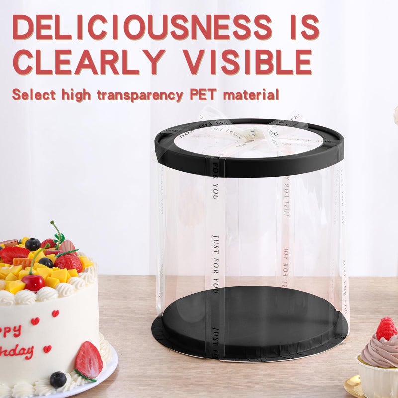 JCD 6Pcs 8.5 * 9.5inch Round clear cake boxes with Ribbon,Ideal for 7inch and 6inch Tall Layer Tiered Cakes,Multi-Layer cake boxes for Christmas Bakery Treat (Black, Round 8.5inch/6pcs) - Image 5