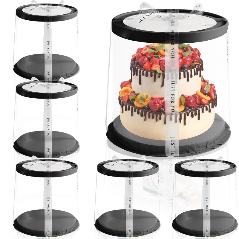 JCD 6Pcs 8.5 * 9.5inch Round clear cake boxes with Ribbon,Ideal for 7inch and 6inch Tall Layer Tiered Cakes,Multi-Layer cake boxes for Christmas Bakery Treat (Black, Round 8.5inch/6pcs) - Image 1