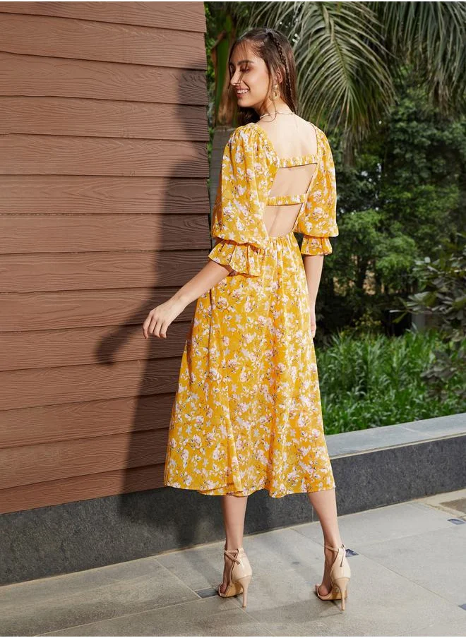SASSAFRAS Floral Print Ruffle Detail Back Strap Midi Dress by Styli
