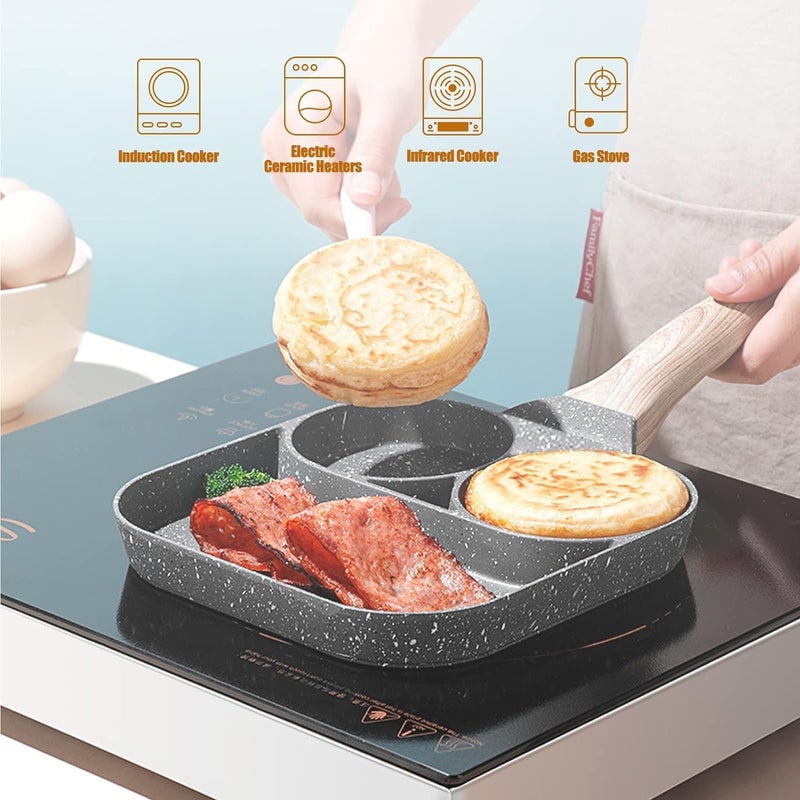 FEBLICH 4 Cup Egg Frying Pan Nonstick Pancake Pans 4 Cups Cookware Pancake Healthy Granite Egg Frying Pan Omelette Pan Non Stic Plat Harmless With Handle For Electric Stove For Kitchen For Induction Cooker - Image 3