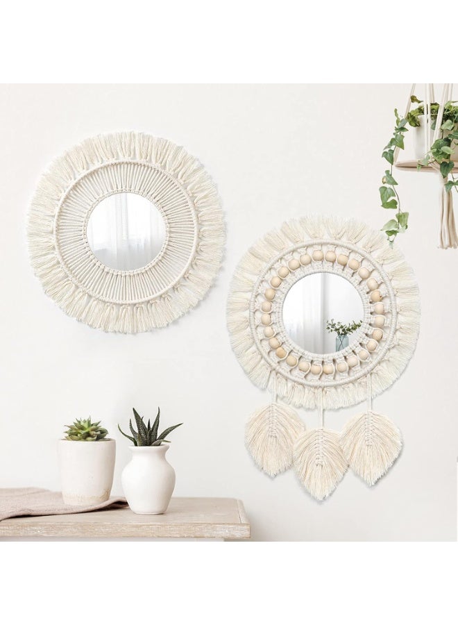 2pcs Hanging Wall Mirror with Macrame Fringe Set Round Boho Antique Weave Mirrors Art Decor for Apartment LivingRoom Bedroom Baby Nursery Room - Image 1