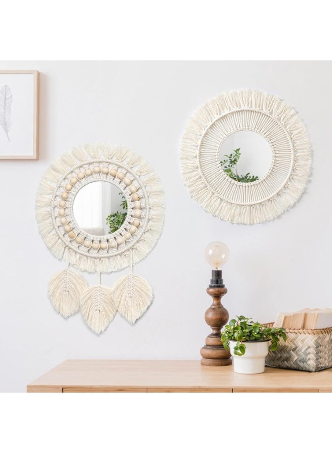 2pcs Hanging Wall Mirror with Macrame Fringe Set Round Boho Antique Weave Mirrors Art Decor for Apartment LivingRoom Bedroom Baby Nursery Room - Image 2