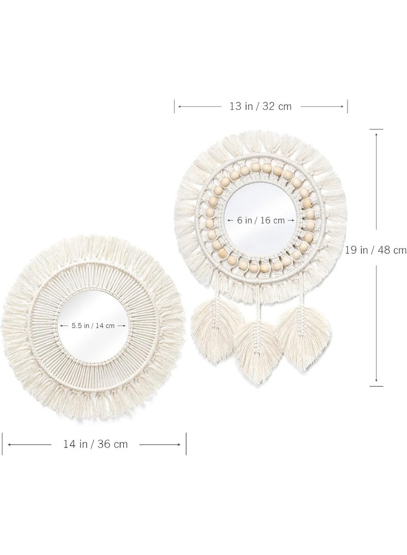2pcs Hanging Wall Mirror with Macrame Fringe Set Round Boho Antique Weave Mirrors Art Decor for Apartment LivingRoom Bedroom Baby Nursery Room - Image 3