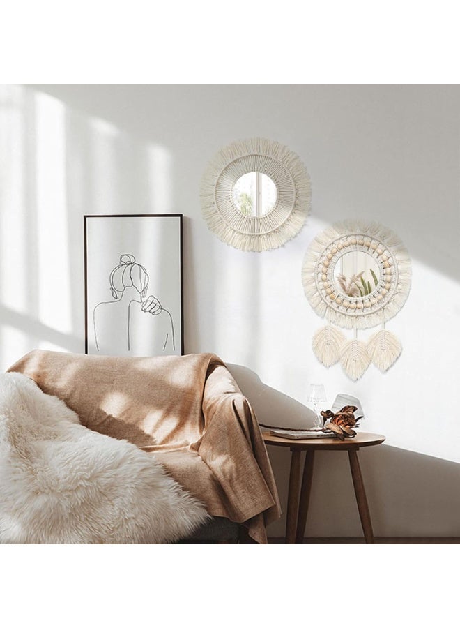 2pcs Hanging Wall Mirror with Macrame Fringe Set Round Boho Antique Weave Mirrors Art Decor for Apartment LivingRoom Bedroom Baby Nursery Room - Image 4