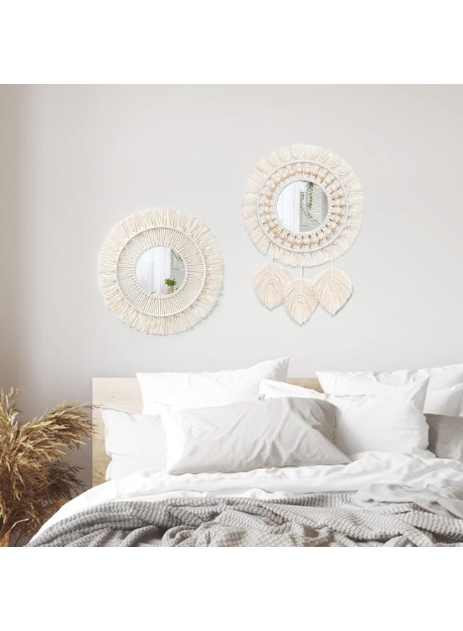 2pcs Hanging Wall Mirror with Macrame Fringe Set Round Boho Antique Weave Mirrors Art Decor for Apartment LivingRoom Bedroom Baby Nursery Room - Image 5