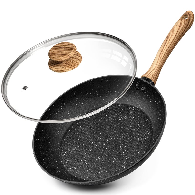 MICHELANGELO Nonstick Frying Pan with Lid 10 Inch Frying Pan with Honeycomb Coating Non Stick Skillet with Lid Healthy  NonToxic Granite Fry Pan Induction Compatible