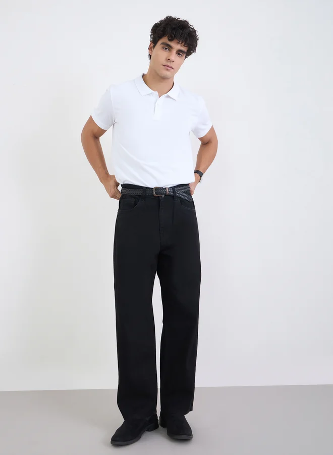 Styli Men Regular Fit Solid Pique Polo with Ribbed Collar