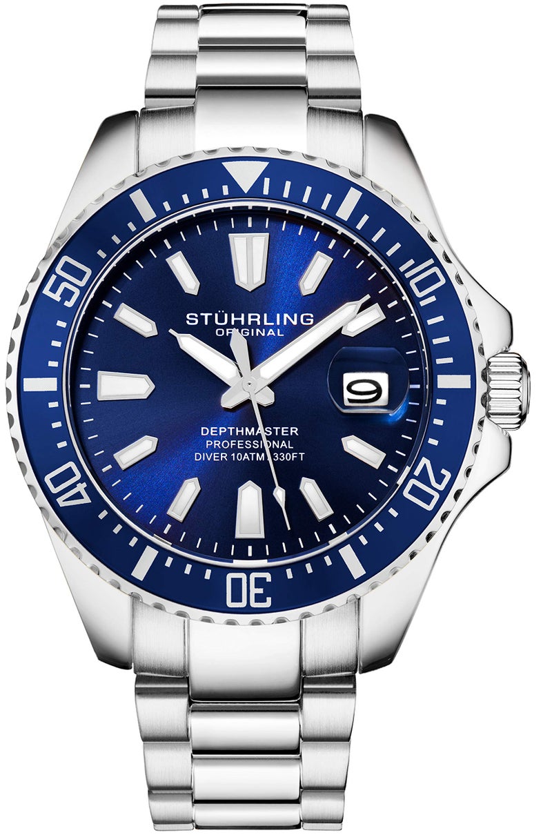Stuhrling Original Men's Watches Pro Dive Watch Sports Watch with 42 MM Case Blue Dial Stainless Steel Silver Bracelet Diving Watch for Men (Blue) - Image 1