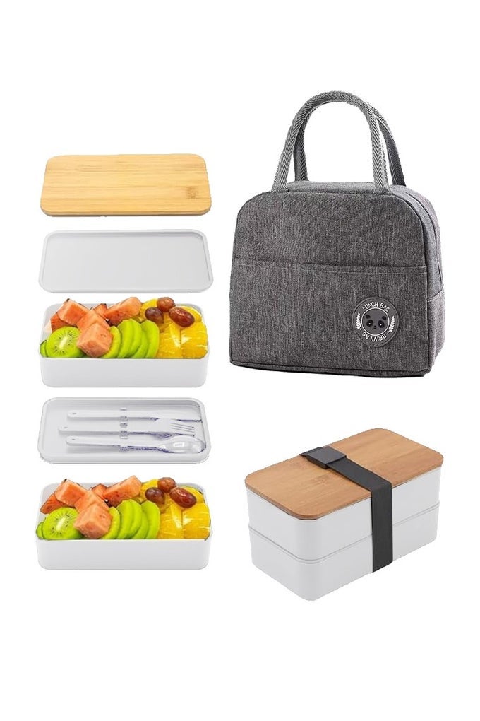 2- LAYER LEAKPROOF BENTO BOX-LARGE LUNCH BOX WITH COMPARTMENTS UND CUTLERY SET-FOOD PICKS FOR LUNCH BOX CONTAINERS FOR ADULTS-MICROWAVE FOOD SAFEBENTO BOXES