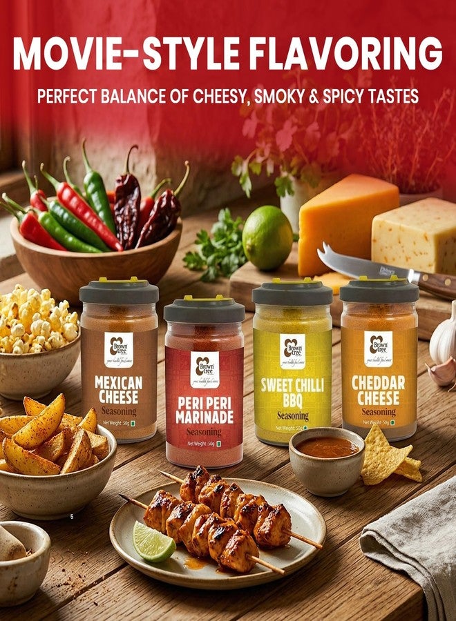 Brown tree Browntree 4 in 1 Popcorn Seasoning Powder-200g| Mexican Cheese, Cheddar Cheese,Sweet Chilli BBQ, Peri Peri Popcorn Seasoning | Movie Style Seasoning Powder |Each Pack 50g |Seasoning Powder Combo Pack - Image 2