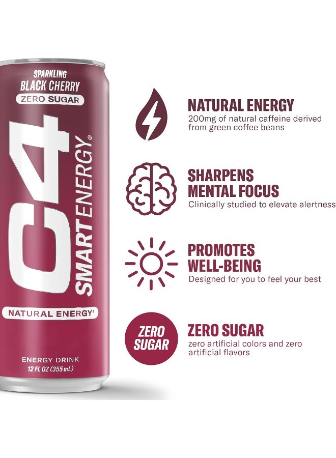 CELLUCOR C4 Smart Energy Drink Boost Focus and Energy with Zero Sugar, Natural Energy, and Nootropics - 200mg Caffeine - Black Cherry - 12 FL OZ (355 ml) - Pack of 12 - Image 2