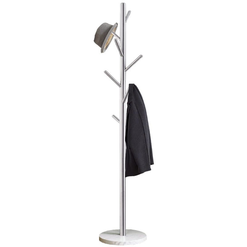 Jolitac Metal Coat Rack Stand Satin Steel Finish Stable Marble Base HighGrade with Hooks Metal Tree Hat Coat Hanger Floor Free Standing Wall Bedroom Easy Assembly Satin Steel