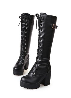 Loquat Women's Thick High Heels Lace Up Boots Round toe Punk Platform Booties Black 