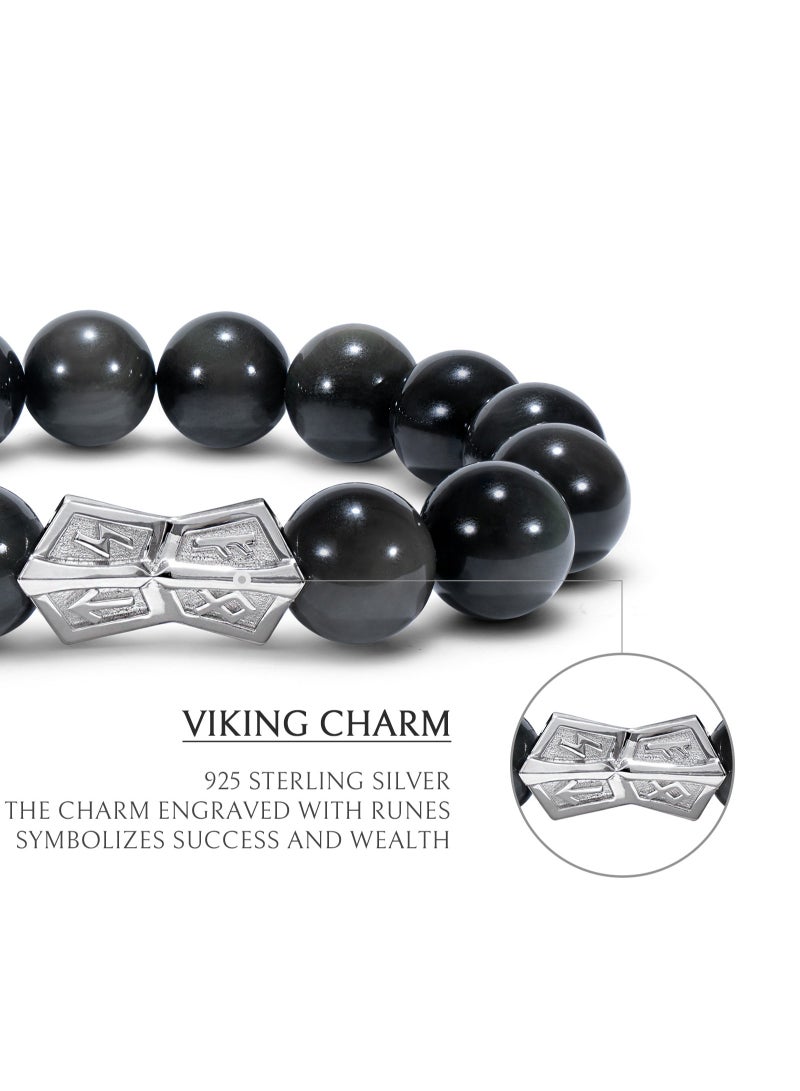 AWNL Men's Beaded Bracelet with 12mm Brazilian Black Obsidian and Sterling Silver Runes Engraved Charm Gift for Men - Image 5