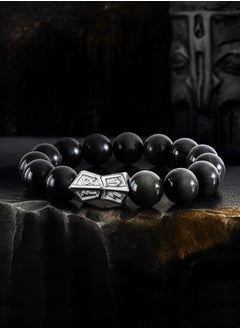 AWNL Men's Beaded Bracelet with 12mm Brazilian Black Obsidian and Sterling Silver Runes Engraved Charm Gift for Men  - Image 2