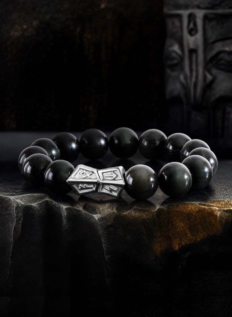 AWNL Men's Beaded Bracelet with 12mm Brazilian Black Obsidian and Sterling Silver Runes Engraved Charm Gift for Men - Image 2