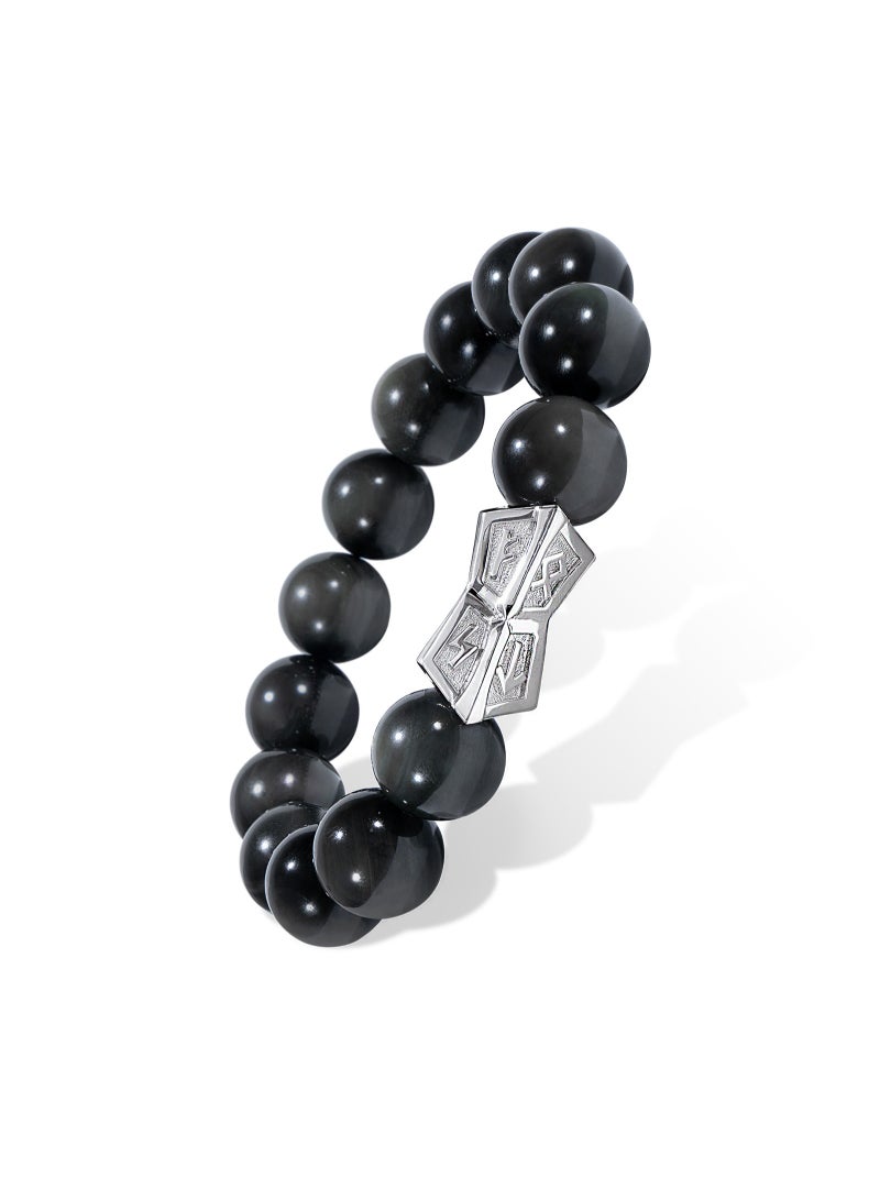 AWNL Men's Beaded Bracelet with 12mm Brazilian Black Obsidian and Sterling Silver Runes Engraved Charm Gift for Men - Image 4