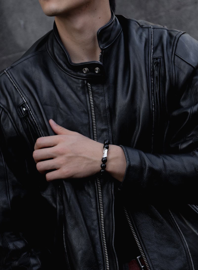 AWNL Men's Beaded Bracelet with 12mm Brazilian Black Obsidian and Sterling Silver Runes Engraved Charm Gift for Men - Image 3