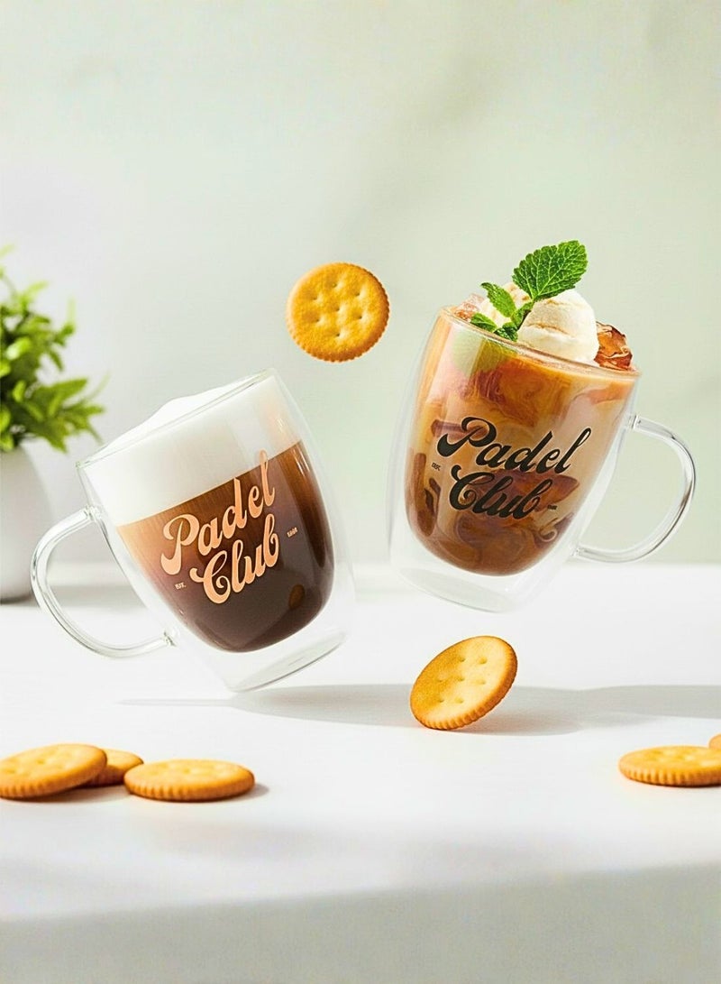 1Chase Double Wall Padel Club Printed Glass – 350ML (Set of 2) Borosilicate Heat Resistant Tumblers - Image 2