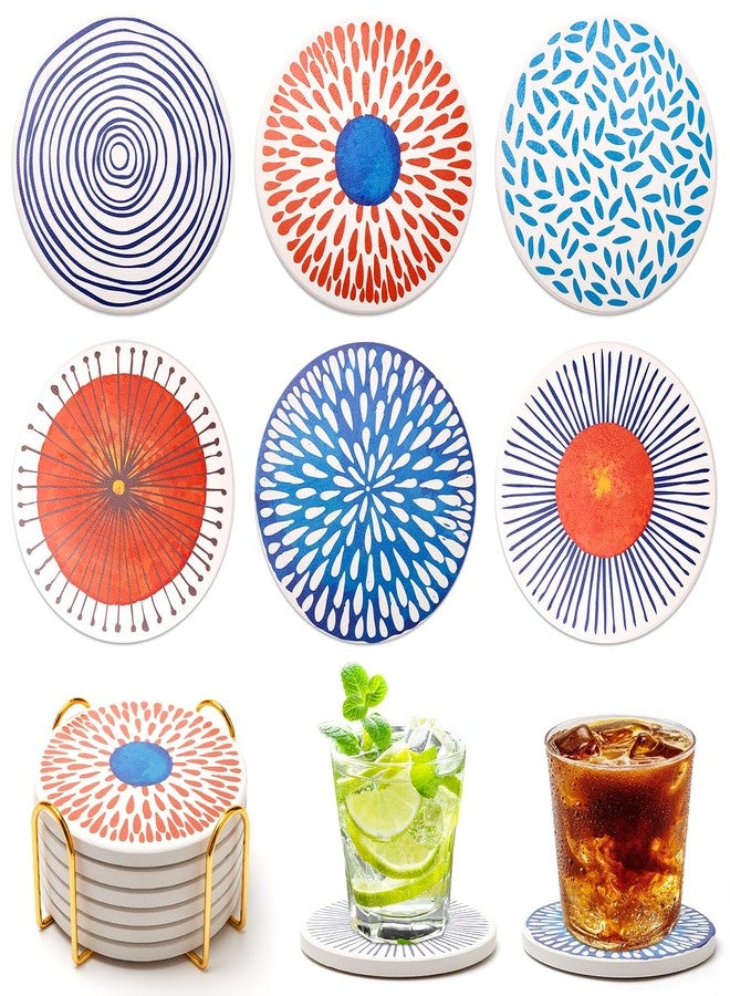 Deceram Funny Ceramic Absorbent Coaster Set of 6 Mid Century Coasters for Drinks Fun Boho Coffee Table Decor Cool Desk Coasters with Holder Unique Kitchen Accessories Outdoor Beach Cute Stone Cup Coaster - Image 1