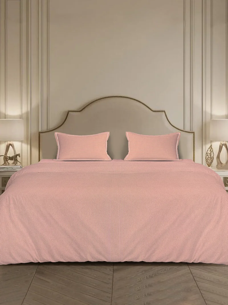مالبيري ليفينج 100% Cotton_4 pc set -Linear Luxe- 1 fitted bedsheet 180x200x30cms / 1 duvet cover 260x240 cms / 2 pillowcovers 50x75 cms - Rose Tan