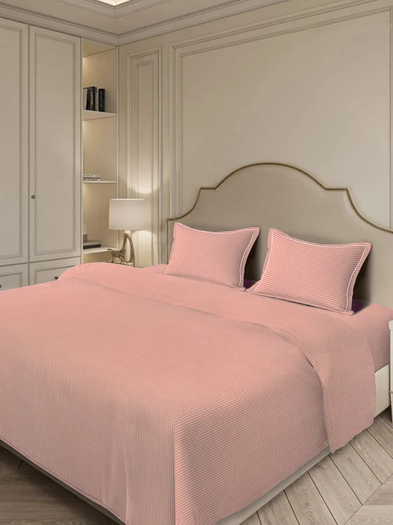 مالبيري ليفينج 100% Cotton_4 pc set -Linear Luxe- 1 fitted bedsheet 180x200x30cms / 1 duvet cover 260x240 cms / 2 pillowcovers 50x75 cms - Rose Tan