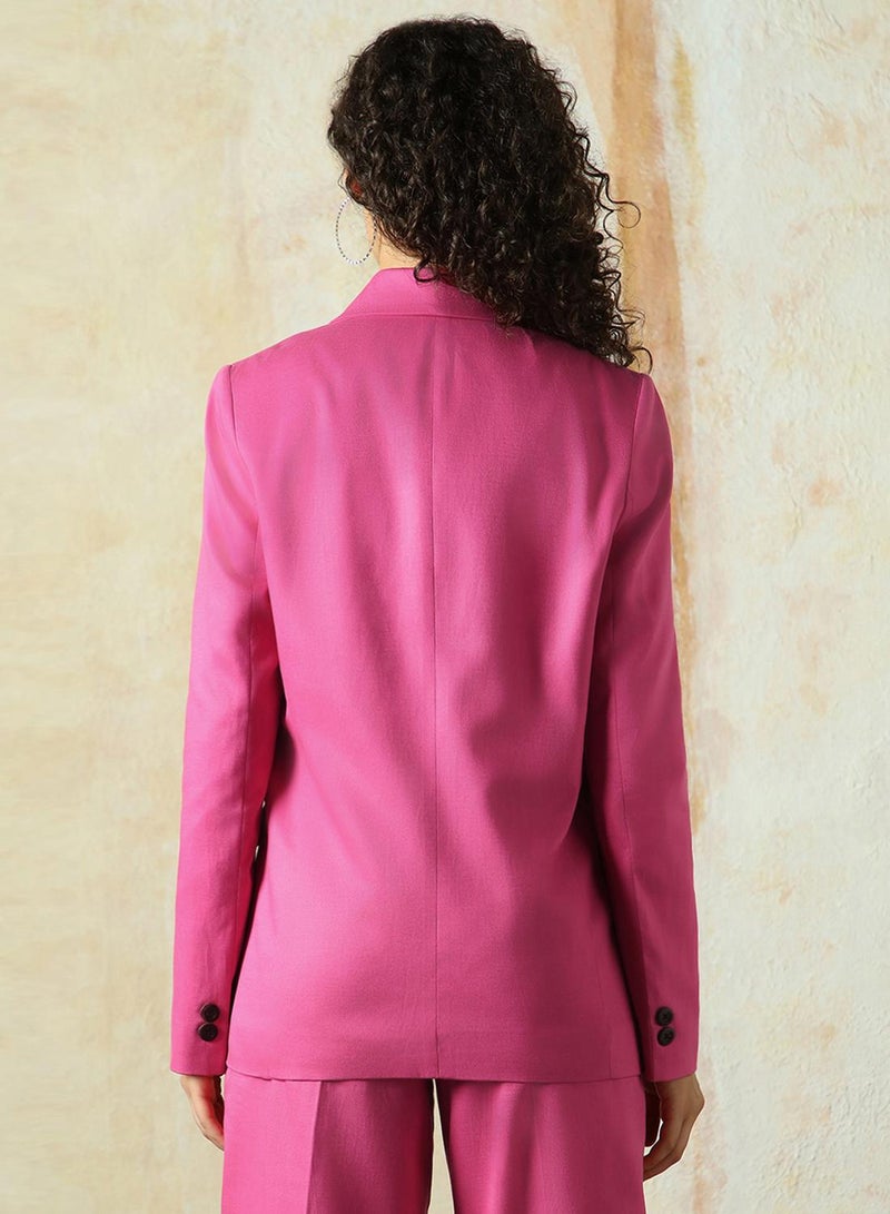 HIGH STAR Women's Magenta Cotton Blend Solid Oversized Blazer  - Image 3