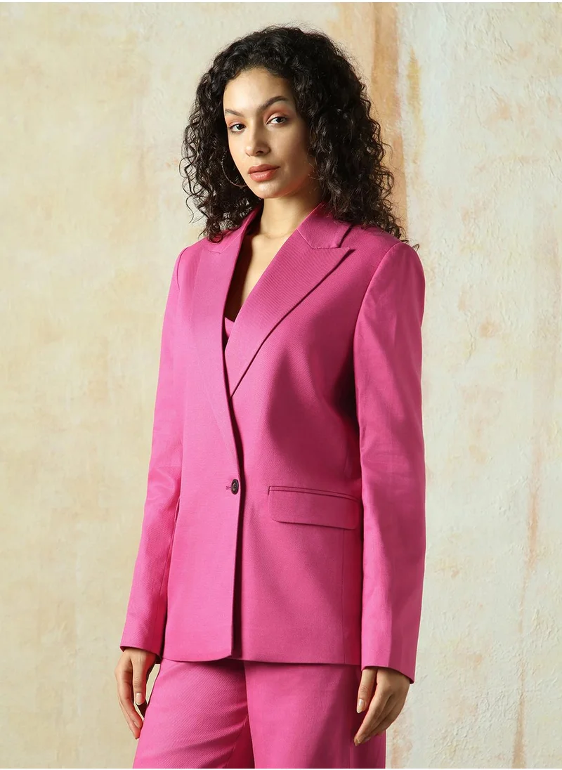 HIGH STAR Women's Magenta Cotton Blend Solid Oversized Blazer